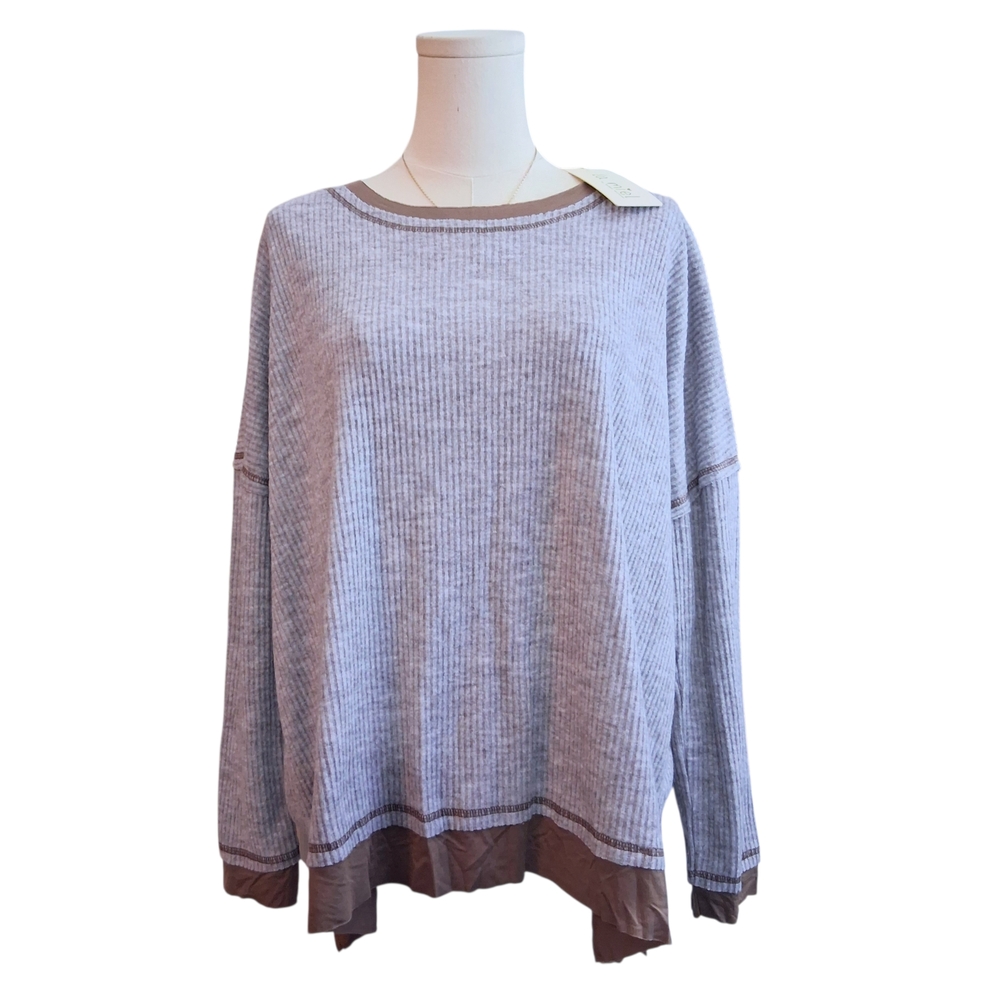 PLA MIEL Gray and Brown Rib Knit Lightweight Sweater Womens Size Small